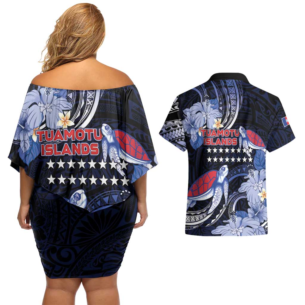 Tuamotu Islands Couples Matching Off Shoulder Short Dress and Hawaiian Shirt Polynesian Pattern With Turtle LT05 - Polynesian Pride