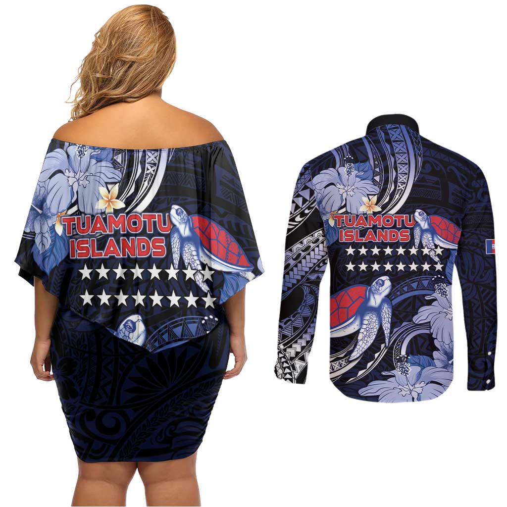Tuamotu Islands Couples Matching Off Shoulder Short Dress and Long Sleeve Button Shirt Polynesian Pattern With Turtle LT05 - Polynesian Pride