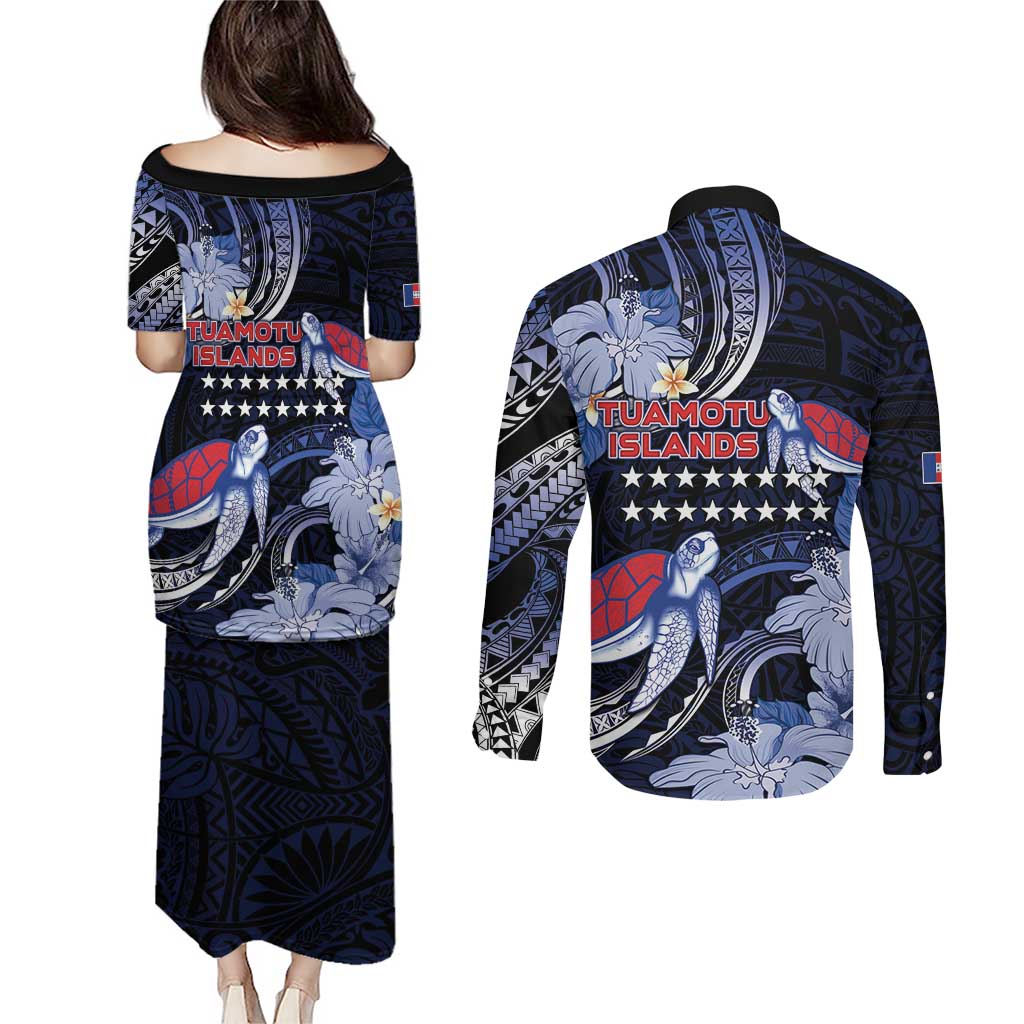 Tuamotu Islands Couples Matching Puletasi and Long Sleeve Button Shirt Polynesian Pattern With Turtle LT05 - Polynesian Pride