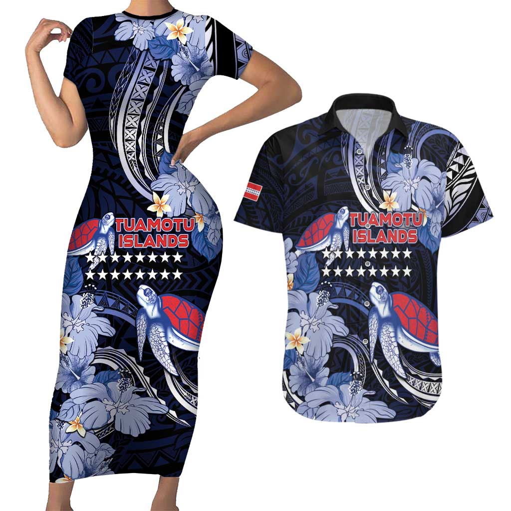Tuamotu Islands Couples Matching Short Sleeve Bodycon Dress and Hawaiian Shirt Polynesian Pattern With Turtle LT05 Black - Polynesian Pride
