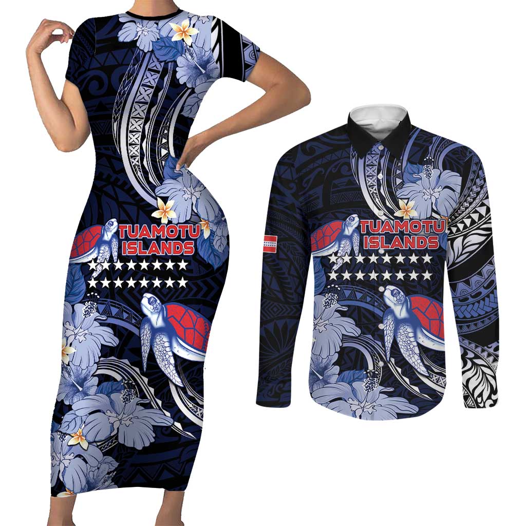 Tuamotu Islands Couples Matching Short Sleeve Bodycon Dress and Long Sleeve Button Shirt Polynesian Pattern With Turtle LT05 Black - Polynesian Pride