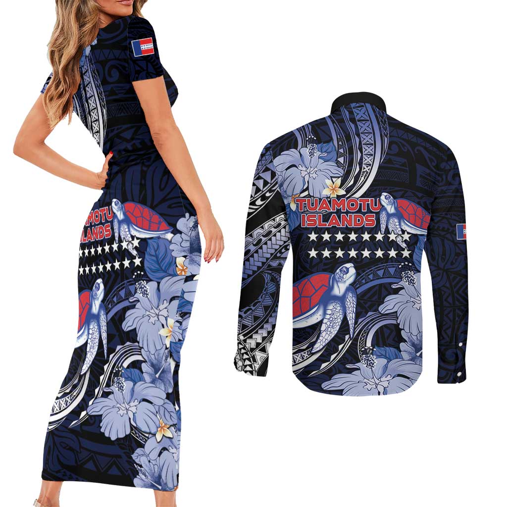 Tuamotu Islands Couples Matching Short Sleeve Bodycon Dress and Long Sleeve Button Shirt Polynesian Pattern With Turtle LT05 - Polynesian Pride