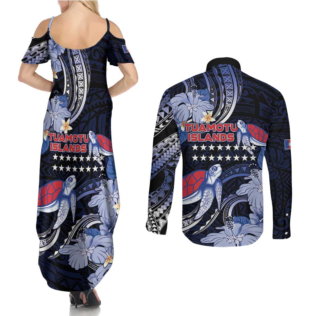 Tuamotu Islands Couples Matching Summer Maxi Dress and Long Sleeve Button Shirt Polynesian Pattern With Turtle LT05 - Polynesian Pride