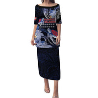 Tuamotu Islands Family Matching Puletasi and Hawaiian Shirt Polynesian Pattern With Turtle LT05 Mom's Dress Black - Polynesian Pride