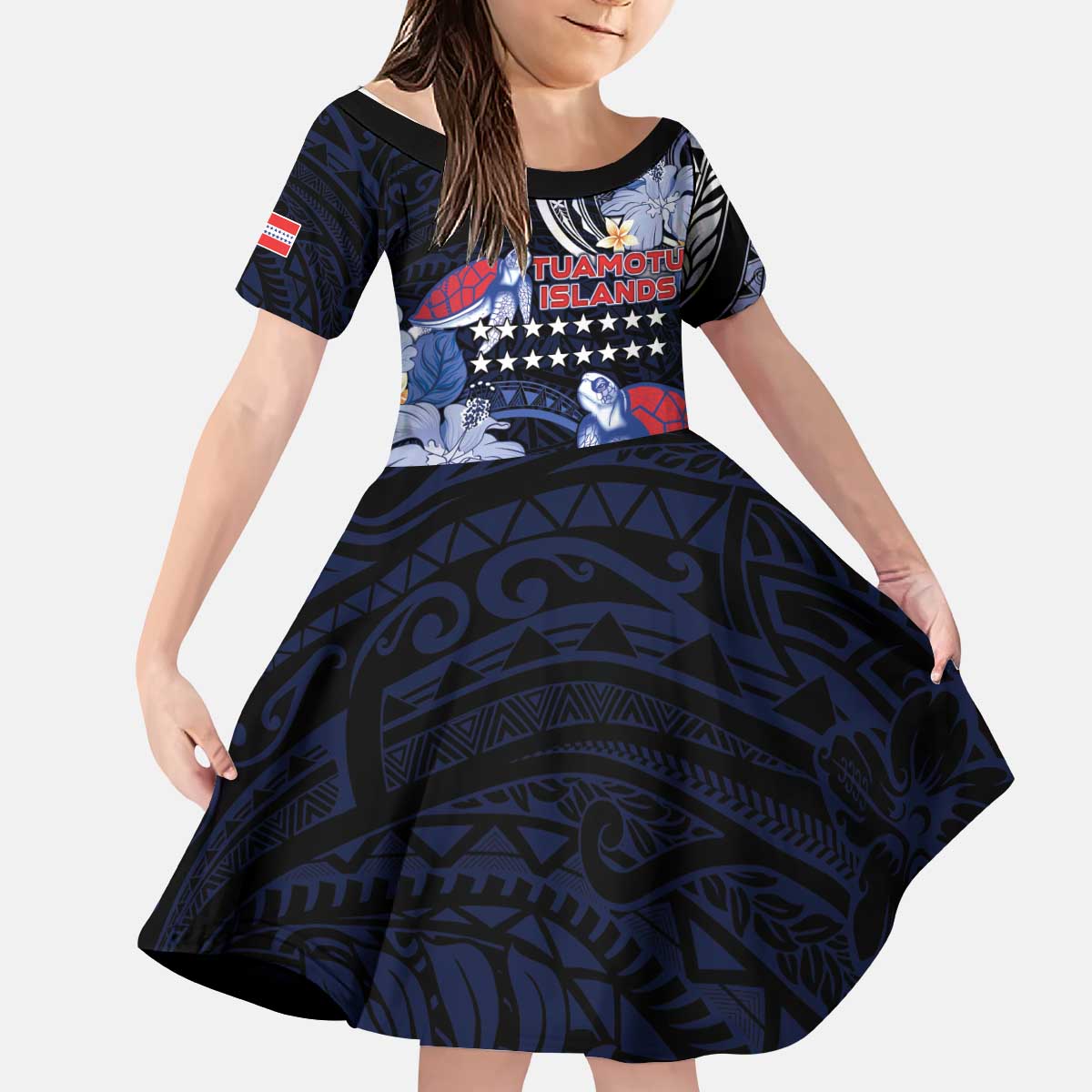 Tuamotu Islands Kid Short Sleeve Dress Polynesian Pattern With Turtle LT05 KID Black - Polynesian Pride