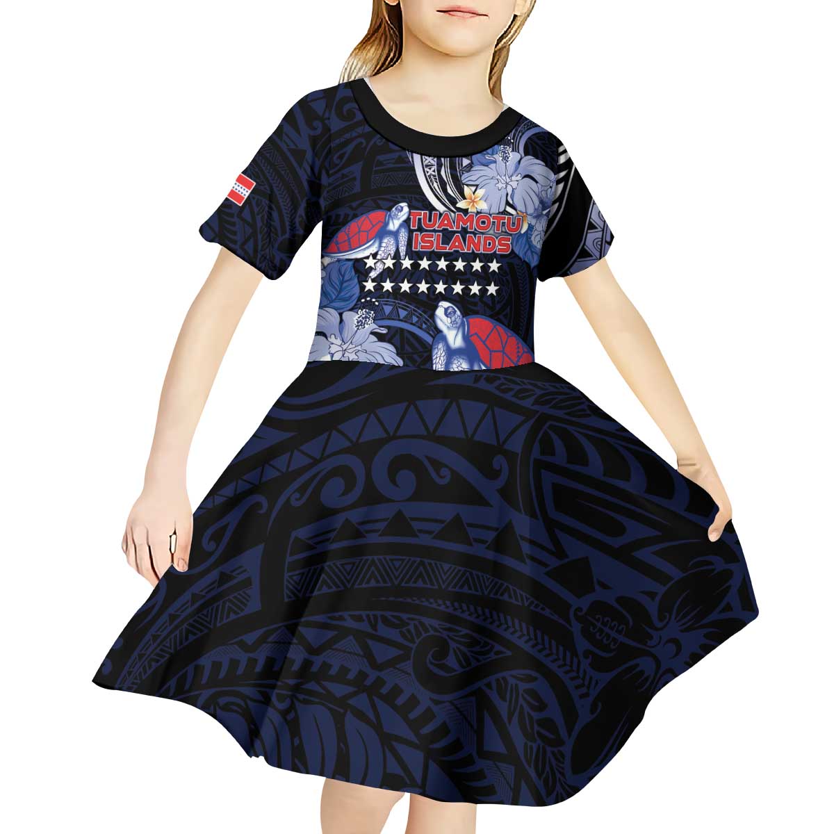 Tuamotu Islands Kid Short Sleeve Dress Polynesian Pattern With Turtle LT05 - Polynesian Pride