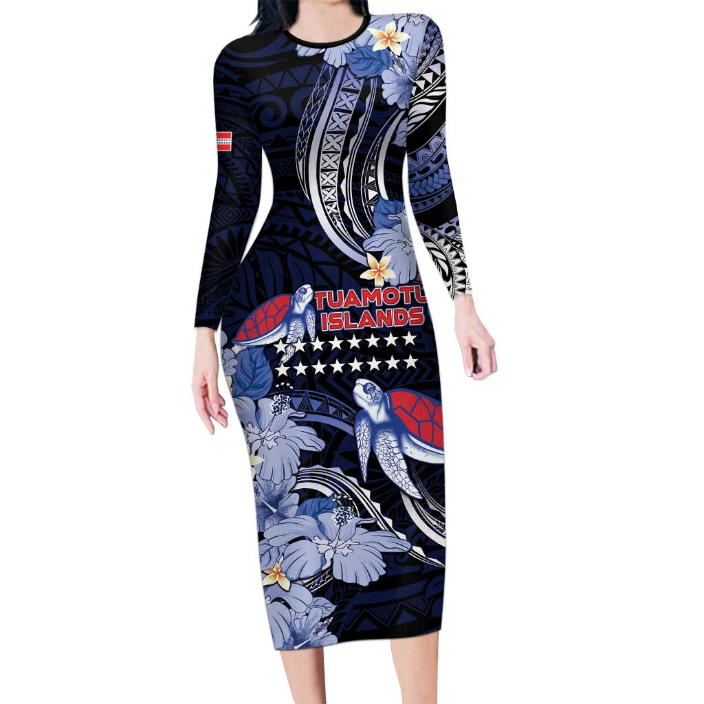 Tuamotu Islands Long Sleeve Bodycon Dress Polynesian Pattern With Turtle LT05 Long Dress Black - Polynesian Pride