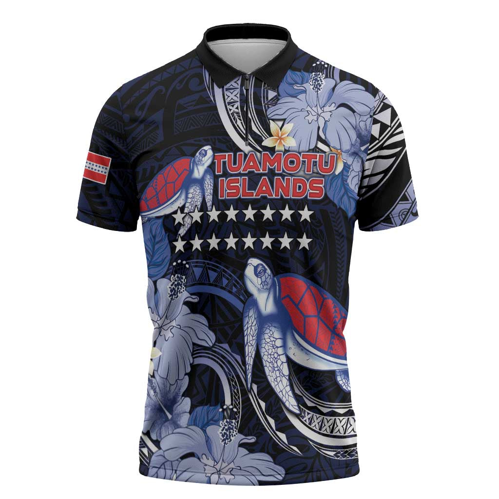 Tuamotu Islands Zipper Polo Shirt Polynesian Pattern With Turtle LT05 Black - Polynesian Pride