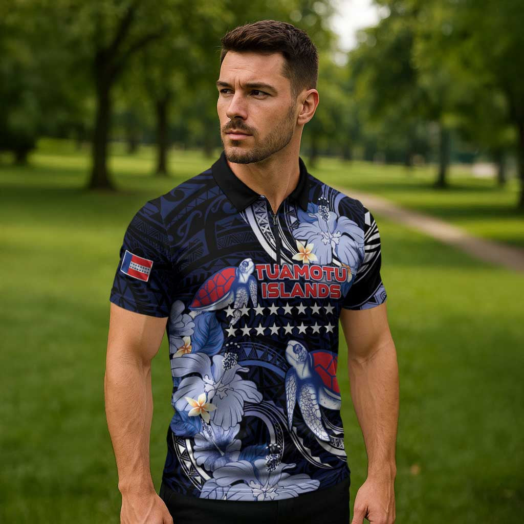 Tuamotu Islands Zipper Polo Shirt Polynesian Pattern With Turtle LT05 - Polynesian Pride