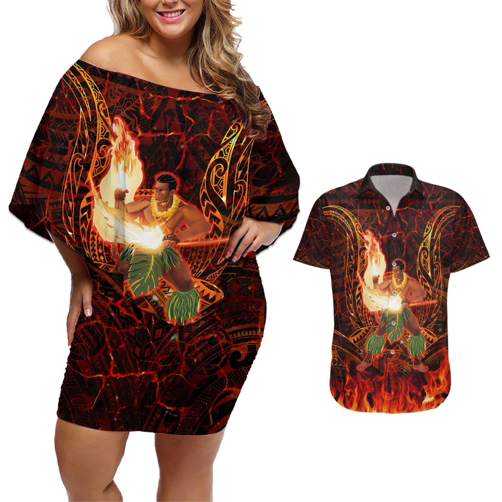 Samoa Siva Afi Festival Couples Matching Off Shoulder Short Dress and Hawaiian Shirt Fire Knife Dancing LT05 Green - Polynesian Pride