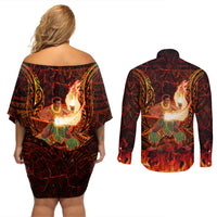 Samoa Siva Afi Festival Couples Matching Off Shoulder Short Dress and Long Sleeve Button Shirt Fire Knife Dancing LT05 - Polynesian Pride