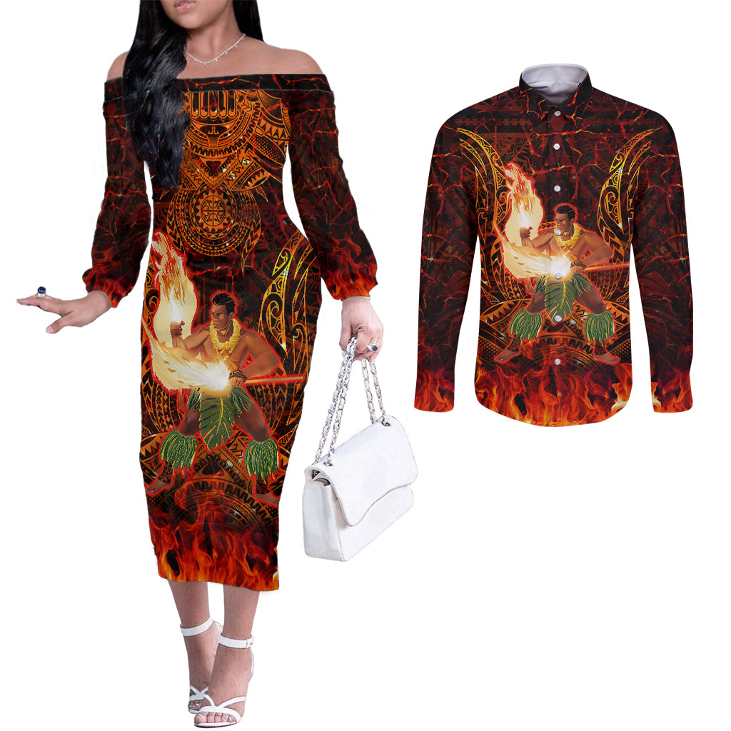 Samoa Siva Afi Festival Couples Matching Off The Shoulder Long Sleeve Dress and Long Sleeve Button Shirt Fire Knife Dancing LT05 Green - Polynesian Pride