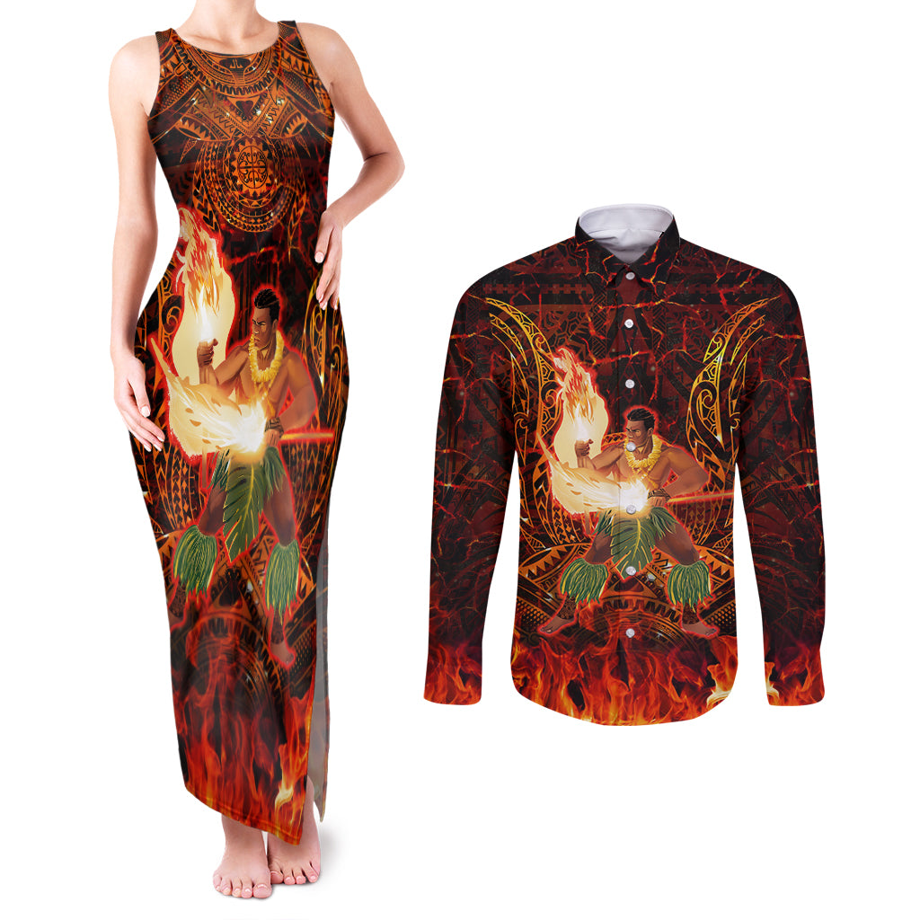 Samoa Siva Afi Festival Couples Matching Tank Maxi Dress and Long Sleeve Button Shirt Fire Knife Dancing LT05 Green - Polynesian Pride