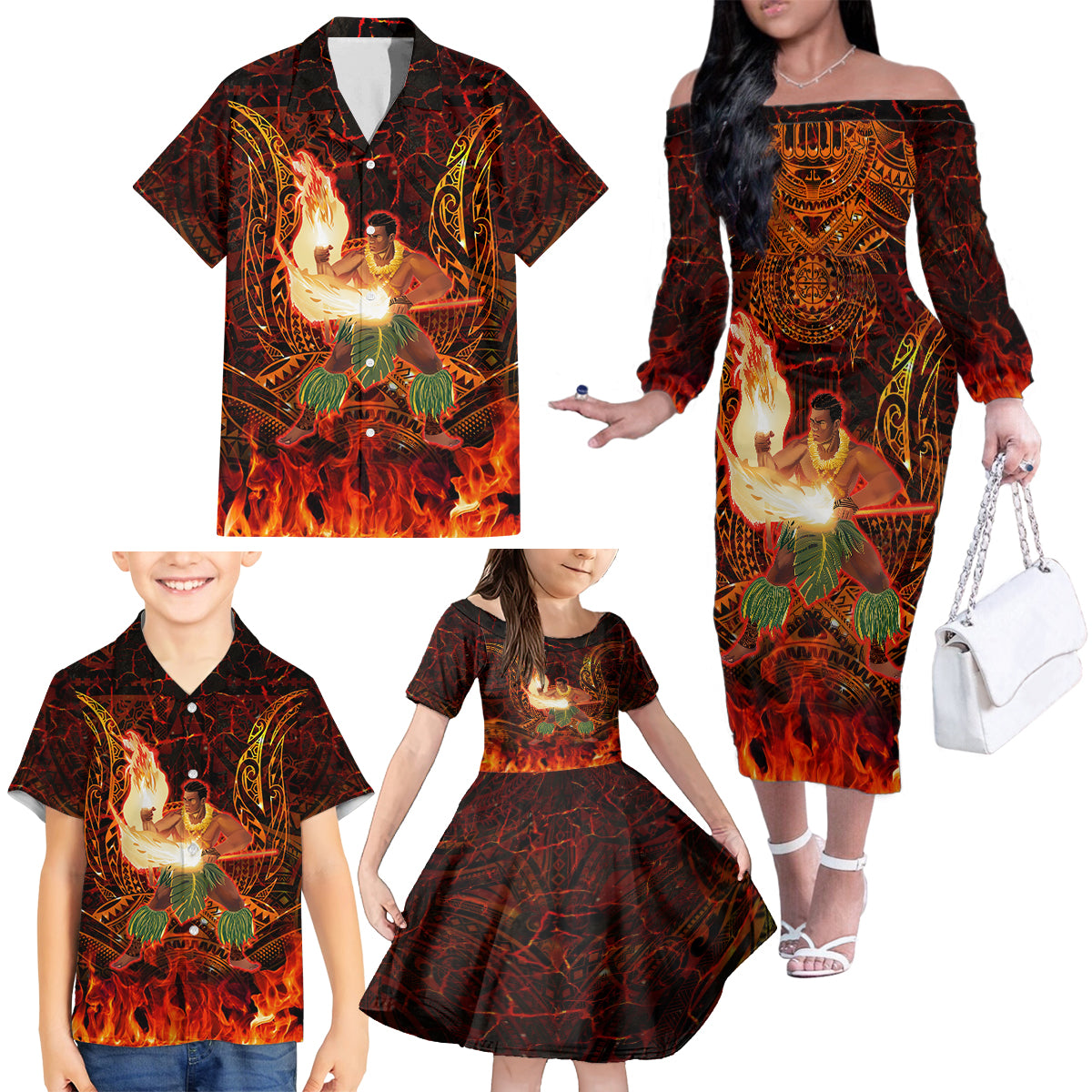 Samoa Siva Afi Festival Family Matching Off Shoulder Long Sleeve Dress and Hawaiian Shirt Fire Knife Dancing LT05 - Polynesian Pride