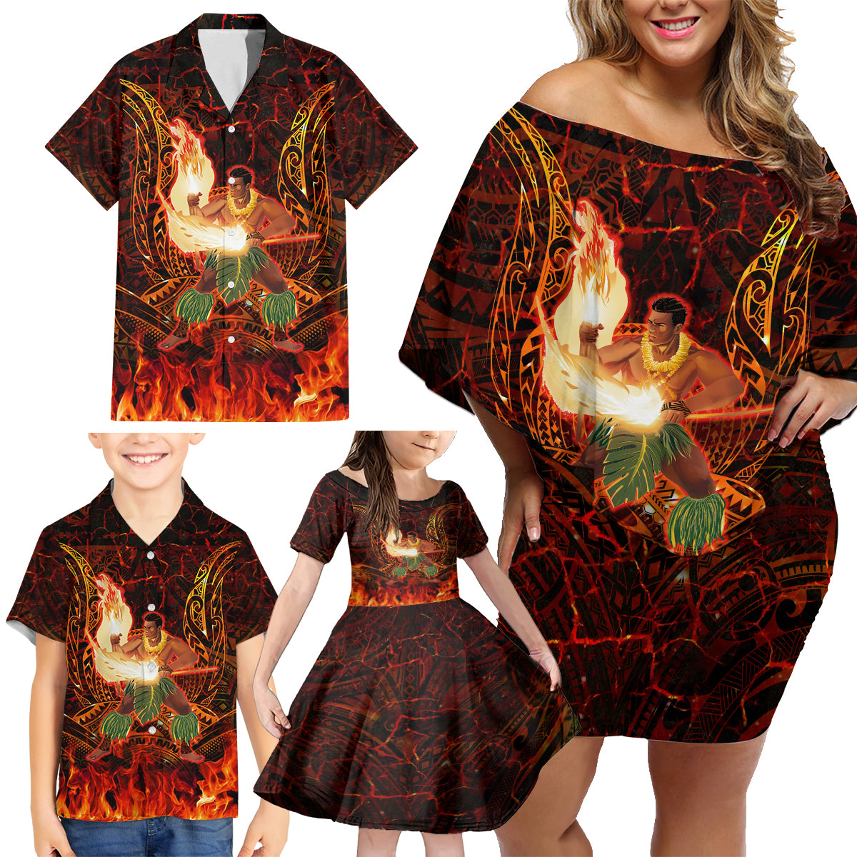 Samoa Siva Afi Festival Family Matching Off Shoulder Short Dress and Hawaiian Shirt Fire Knife Dancing LT05 - Polynesian Pride