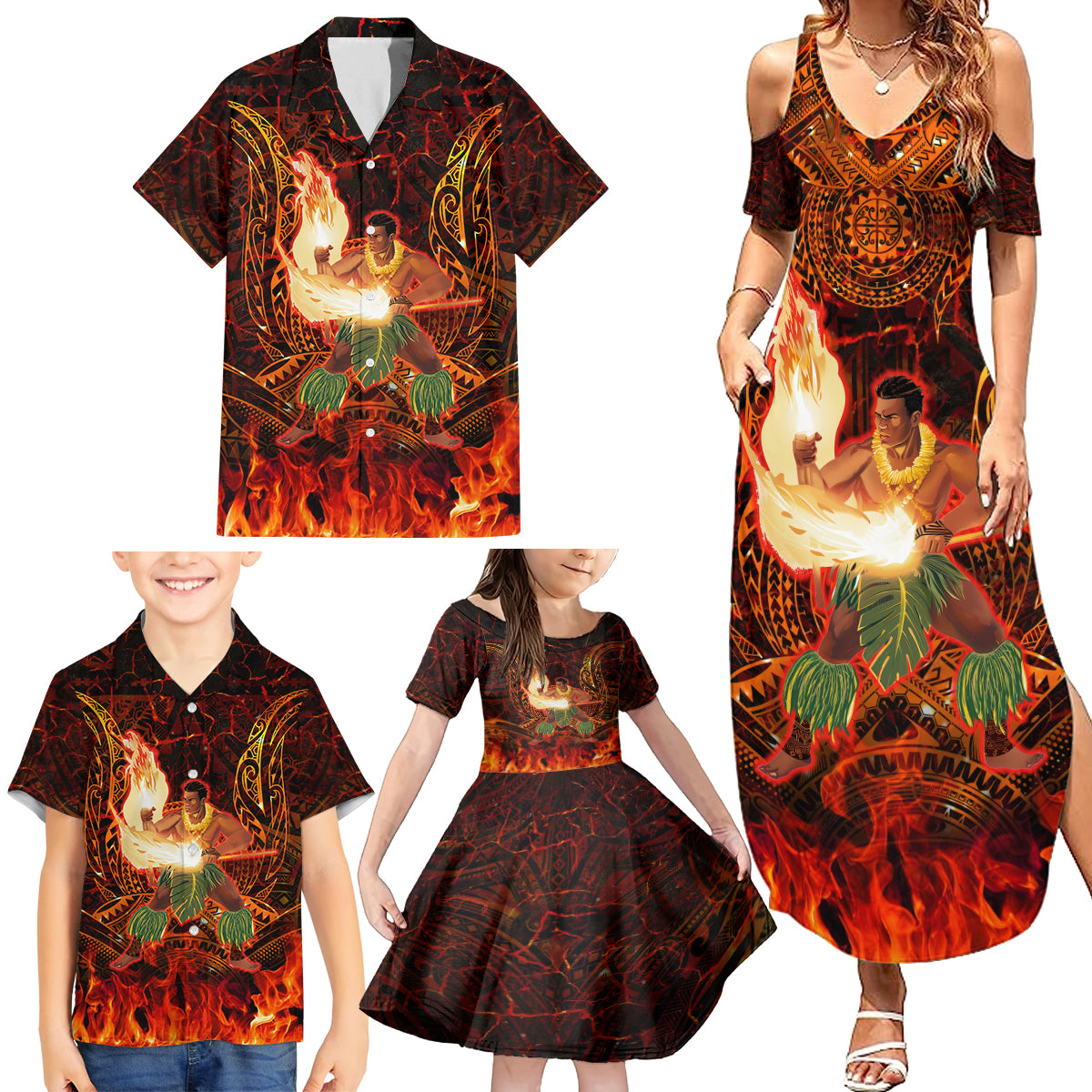 Samoa Siva Afi Festival Family Matching Summer Maxi Dress and Hawaiian Shirt Fire Knife Dancing LT05 - Polynesian Pride