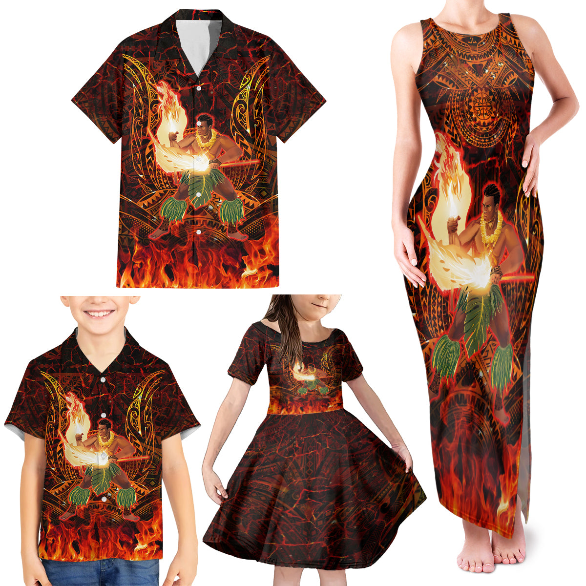 Samoa Siva Afi Festival Family Matching Tank Maxi Dress and Hawaiian Shirt Fire Knife Dancing LT05 - Polynesian Pride