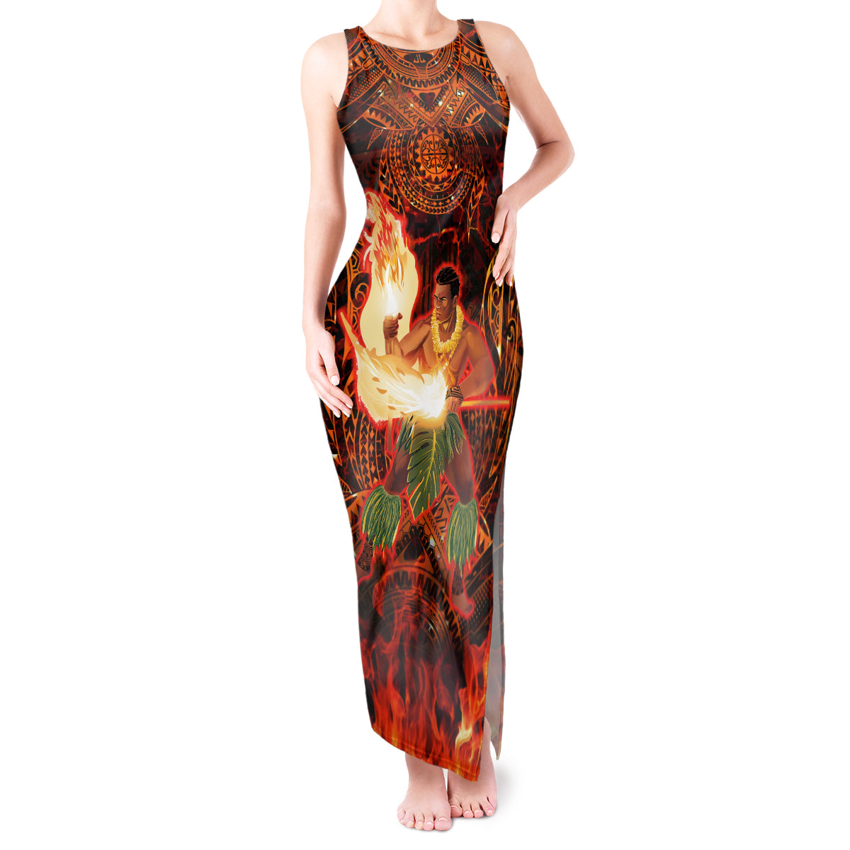 Samoa Siva Afi Festival Tank Maxi Dress Fire Knife Dancing LT05 Women Green - Polynesian Pride