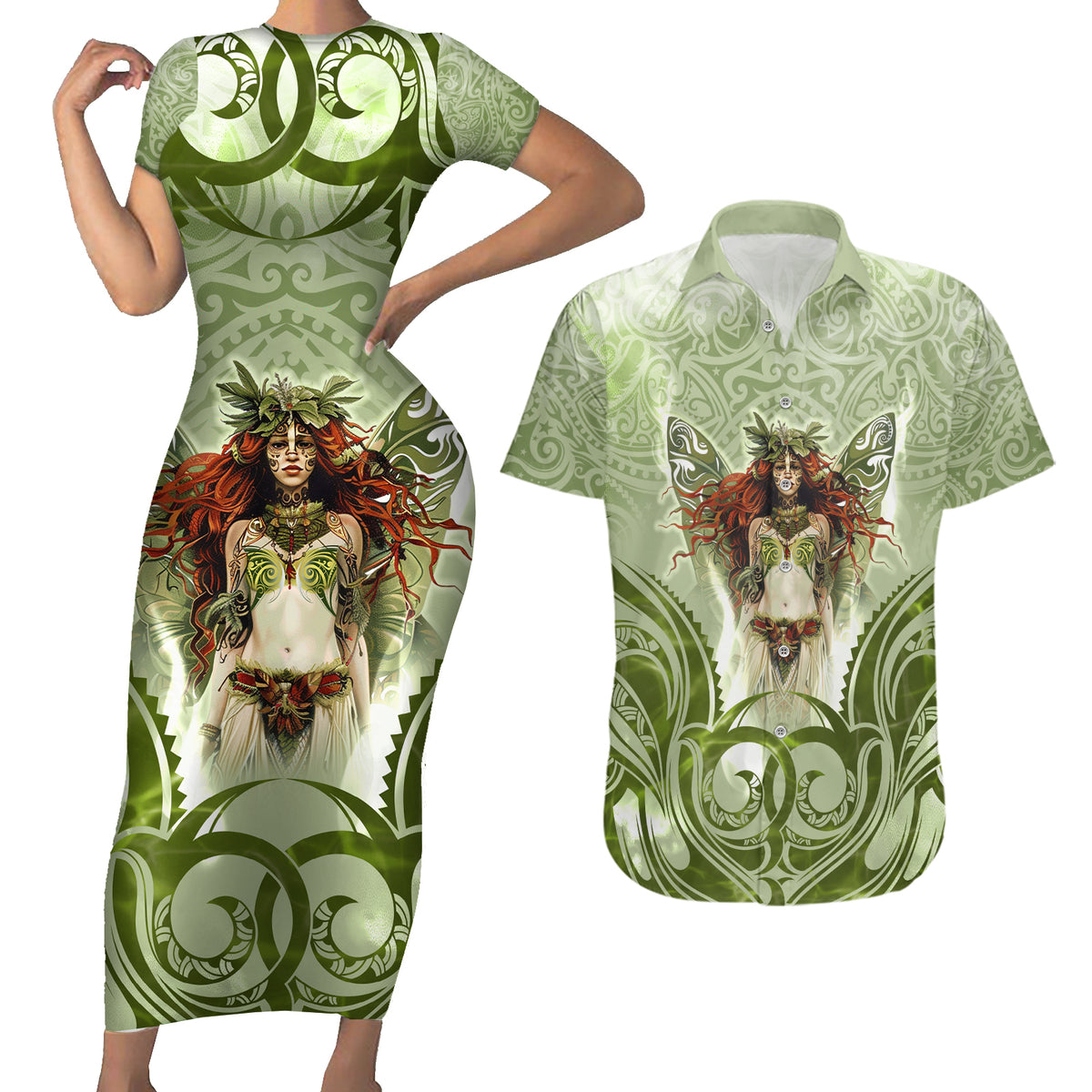 New Zealand Maori Fairy Patupaiarehe Couples Matching Short Sleeve Bodycon Dress and Hawaiian Shirt Polynesian Style LT05 Red - Polynesian Pride
