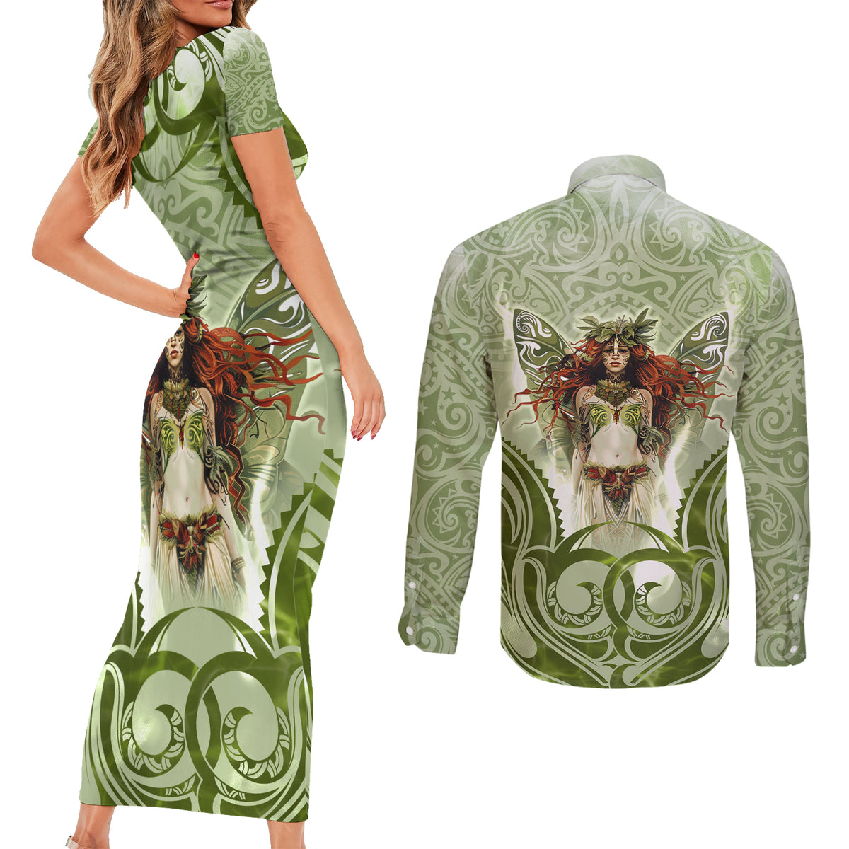 New Zealand Maori Fairy Patupaiarehe Couples Matching Short Sleeve Bodycon Dress and Long Sleeve Button Shirt Polynesian Style LT05 - Polynesian Pride