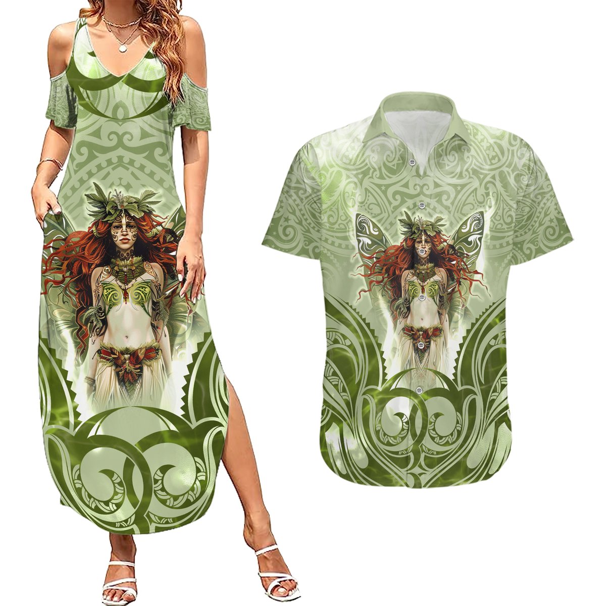 New Zealand Maori Fairy Patupaiarehe Couples Matching Summer Maxi Dress and Hawaiian Shirt Polynesian Style LT05 Red - Polynesian Pride
