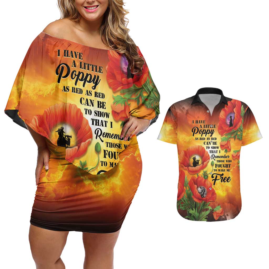 ANZAC Day Red Poppy Couples Matching Off Shoulder Short Dress and Hawaiian Shirt Honoring The ANZAC Spirit LT05 Orange - Polynesian Pride