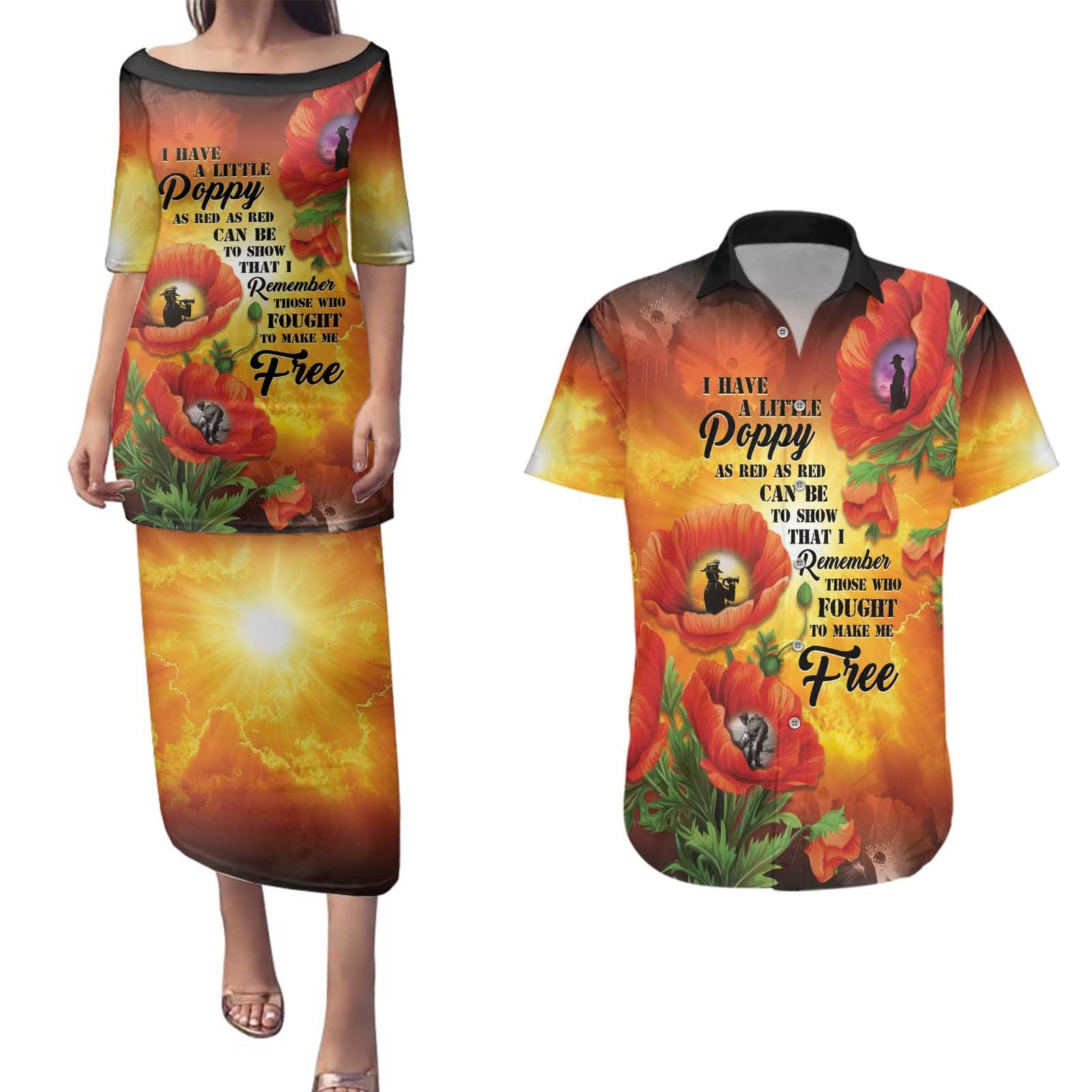 ANZAC Day Red Poppy Couples Matching Puletasi and Hawaiian Shirt Honoring The ANZAC Spirit LT05 Orange - Polynesian Pride