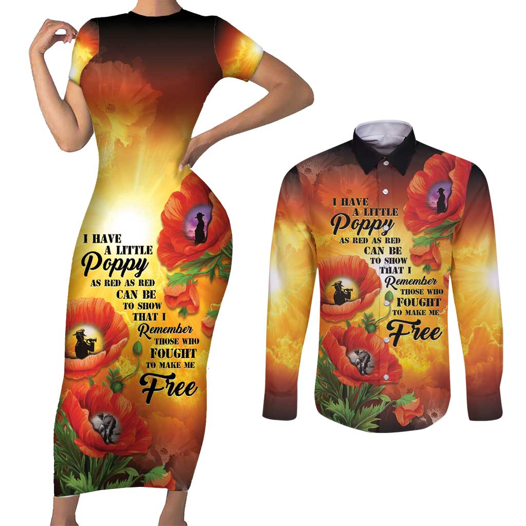 ANZAC Day Red Poppy Couples Matching Short Sleeve Bodycon Dress and Long Sleeve Button Shirt Honoring The ANZAC Spirit LT05 Orange - Polynesian Pride