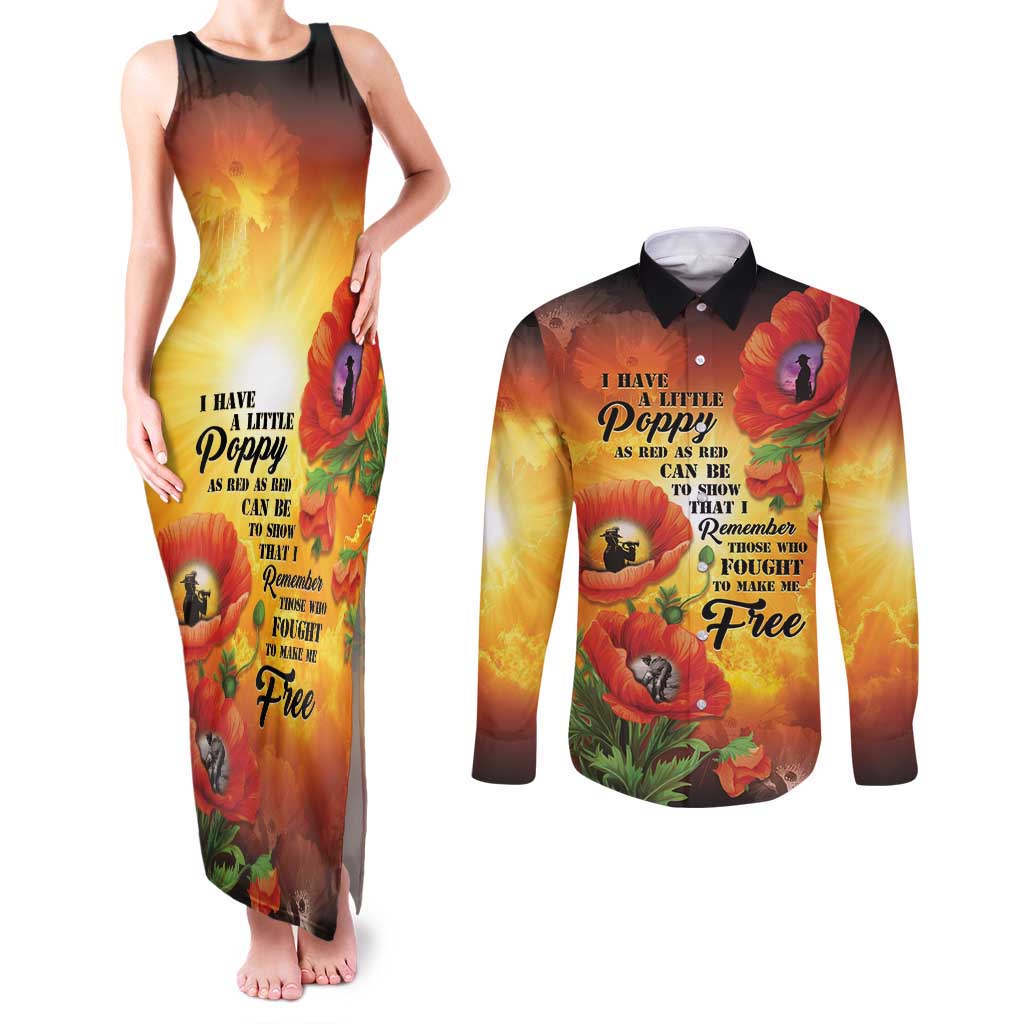 ANZAC Day Red Poppy Couples Matching Tank Maxi Dress and Long Sleeve Button Shirt Honoring The ANZAC Spirit LT05 Orange - Polynesian Pride