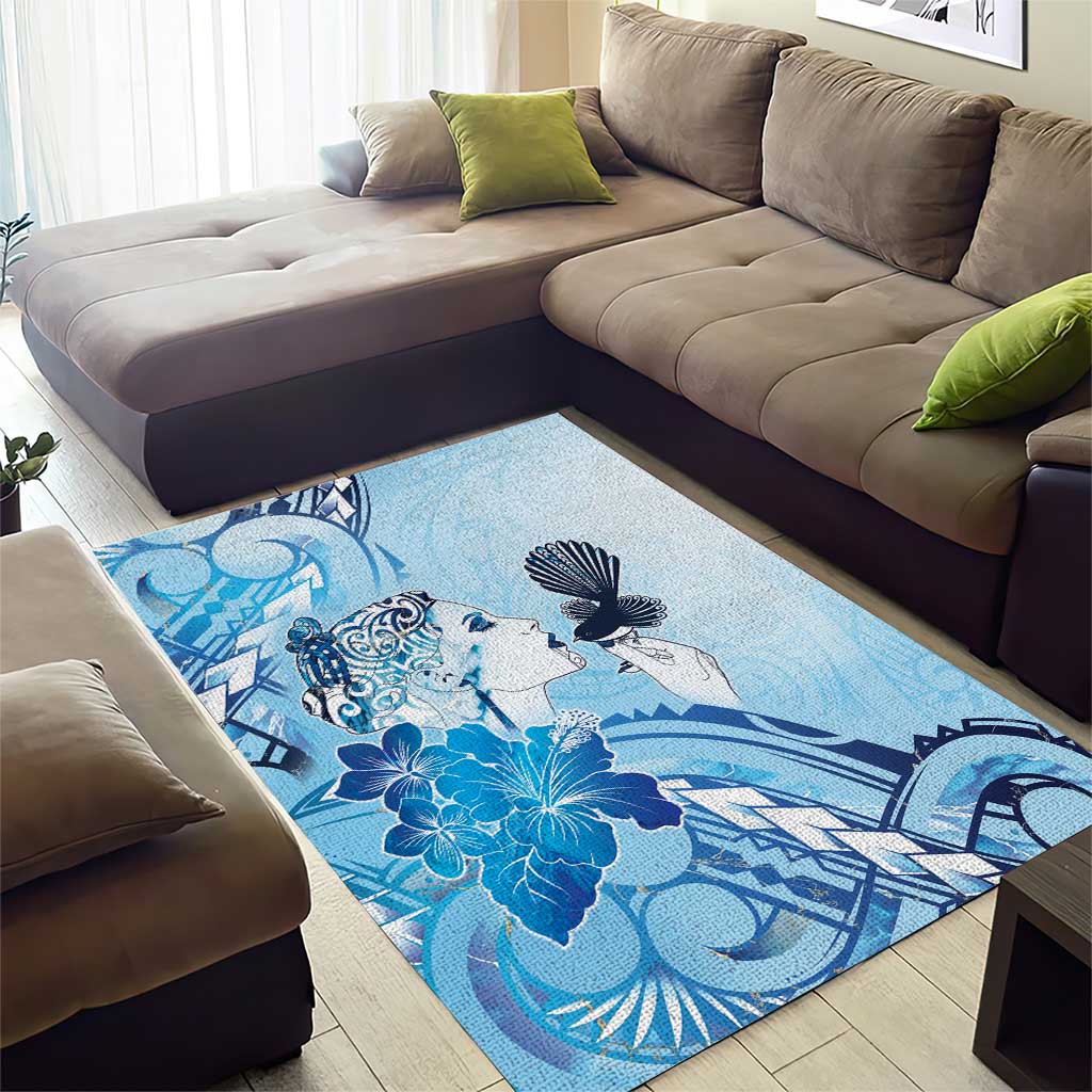 Aotearoa Maori Wahine Area Rug Fantail Bird Blue Gold Marble