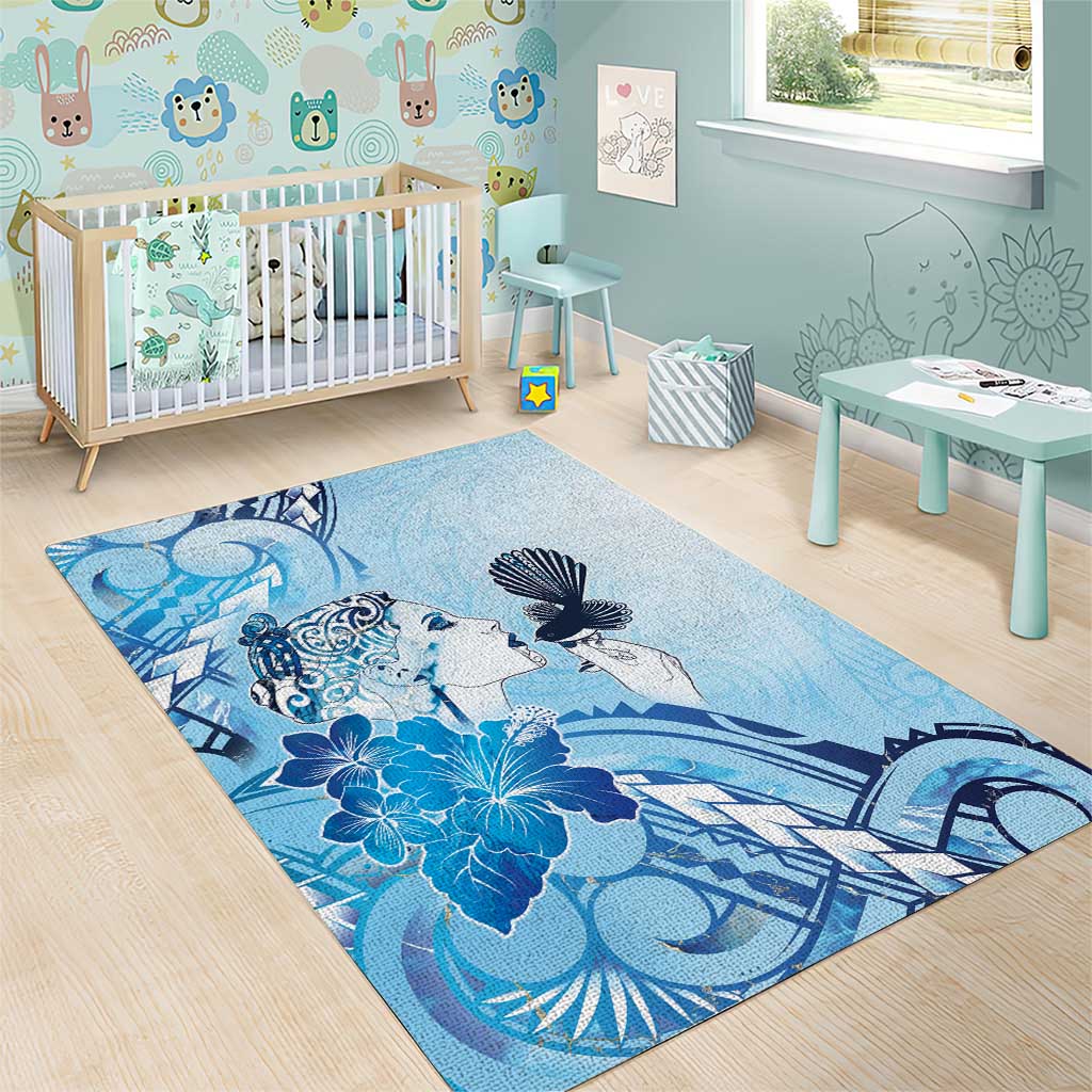 Aotearoa Maori Wahine Area Rug Fantail Bird Blue Gold Marble