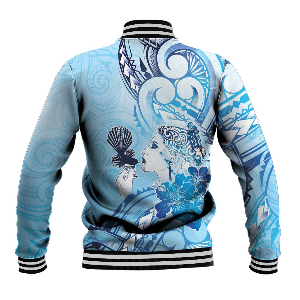 Aotearoa Maori Wahine Baseball Jacket Fantail Bird Blue Gold Marble LT05 - Polynesian Pride