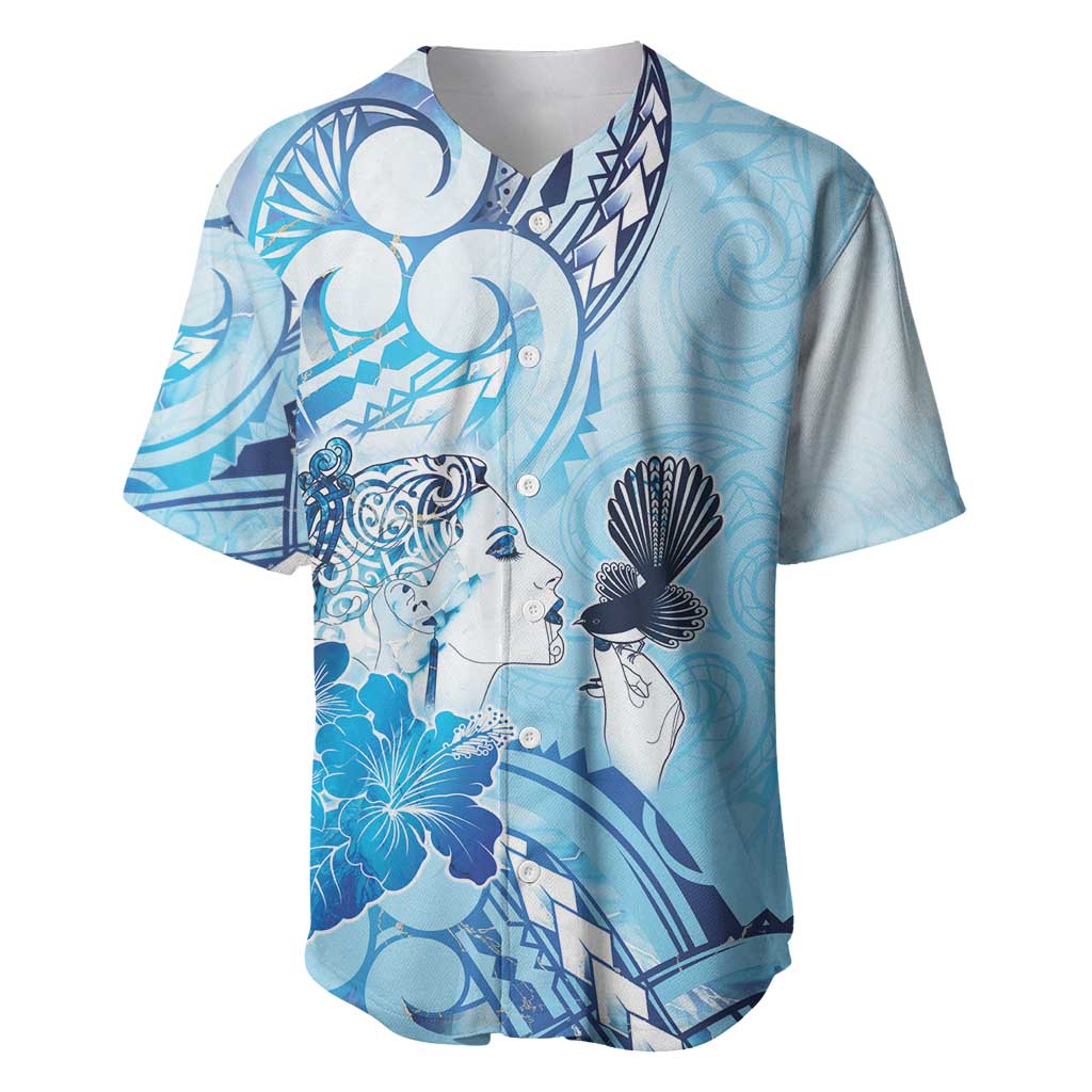 Aotearoa Maori Wahine Baseball Jersey Fantail Bird Blue Gold Marble
