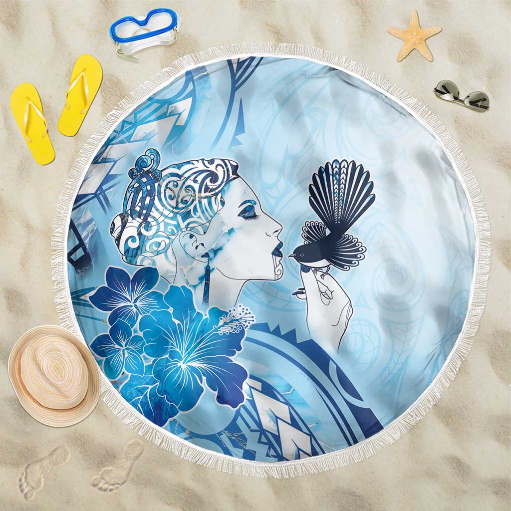 Aotearoa Maori Wahine Beach Blanket Fantail Bird Blue Gold Marble LT05 One Size 150cm Blue - Polynesian Pride