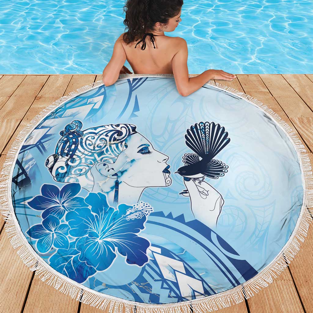 Aotearoa Maori Wahine Beach Blanket Fantail Bird Blue Gold Marble LT05 - Polynesian Pride