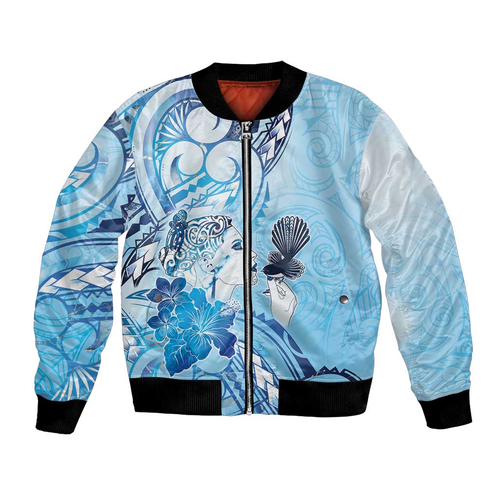 Aotearoa Maori Wahine Bomber Jacket Fantail Bird Blue Gold Marble