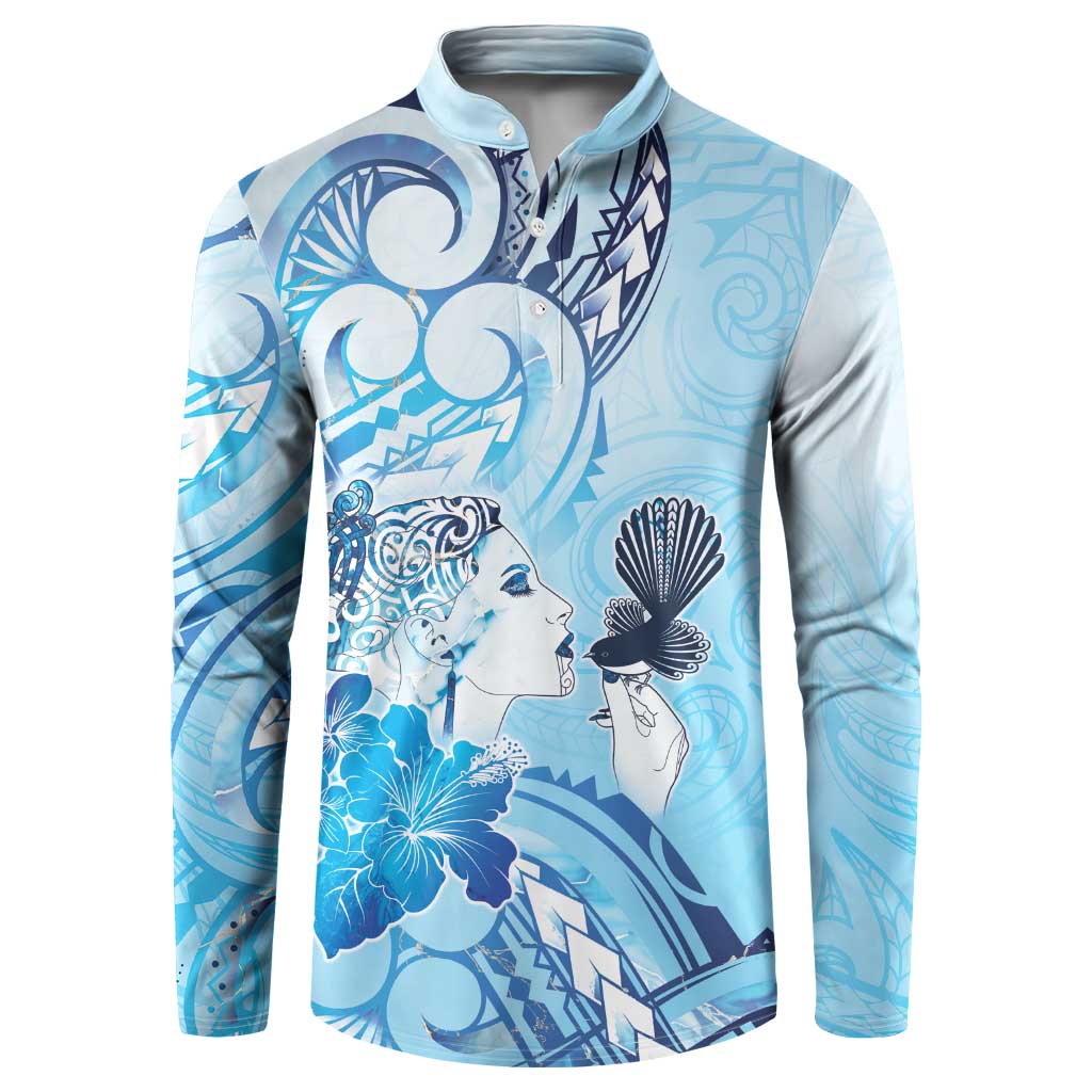 Aotearoa Maori Wahine Button Sweatshirt Fantail Bird Blue Gold Marble LT05 Blue - Polynesian Pride