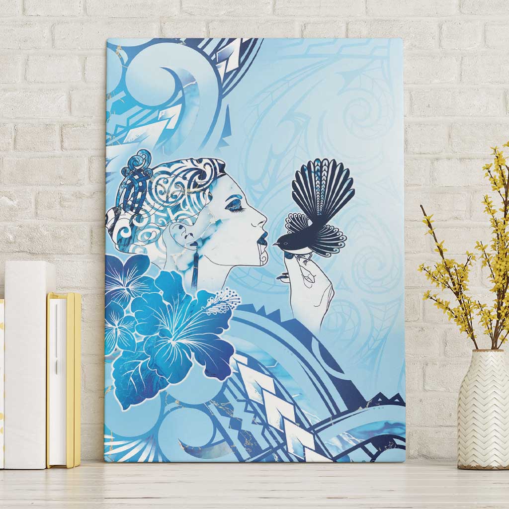 Aotearoa Maori Wahine Canvas Wall Art Fantail Bird Blue Gold Marble LT05 Without Frame Blue - Polynesian Pride