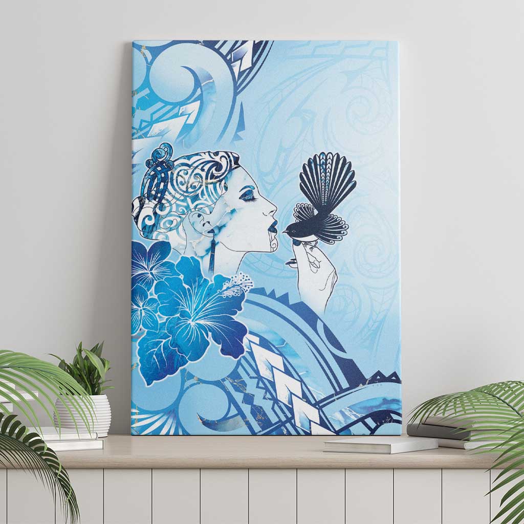 Aotearoa Maori Wahine Canvas Wall Art Fantail Bird Blue Gold Marble LT05 - Polynesian Pride