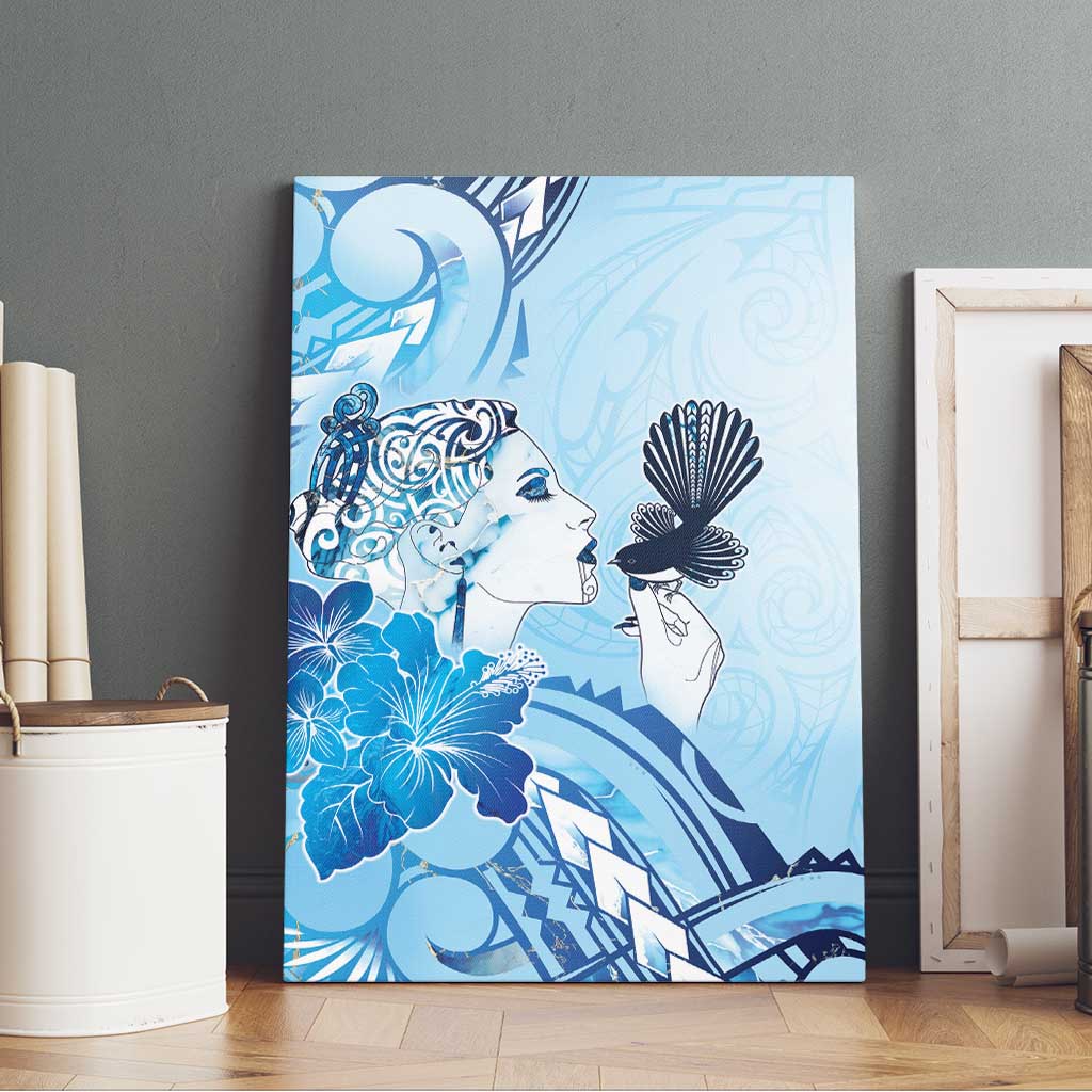 Aotearoa Maori Wahine Canvas Wall Art Fantail Bird Blue Gold Marble LT05 - Polynesian Pride