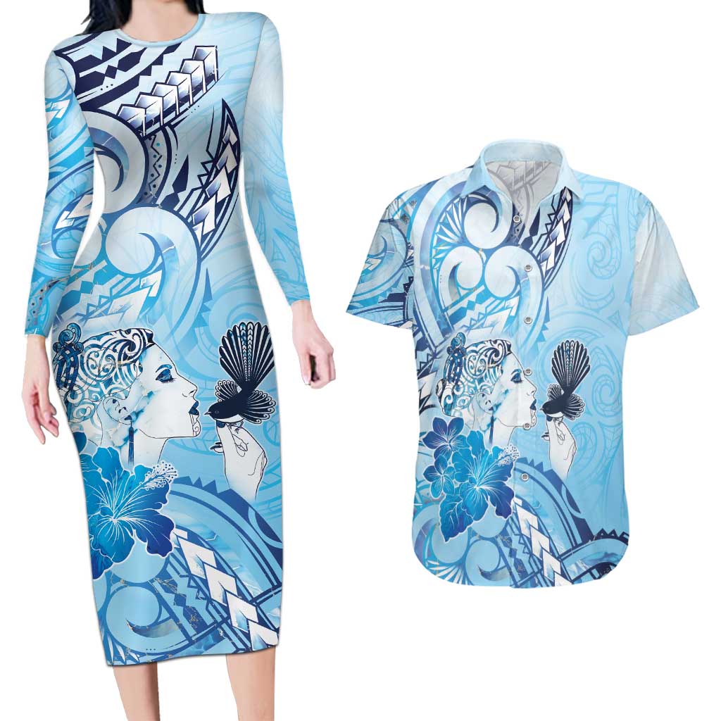 Aotearoa Maori Wahine Couples Matching Long Sleeve Bodycon Dress and Hawaiian Shirt Fantail Bird Blue Gold Marble