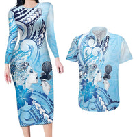 Aotearoa Maori Wahine Couples Matching Long Sleeve Bodycon Dress and Hawaiian Shirt Fantail Bird Blue Gold Marble