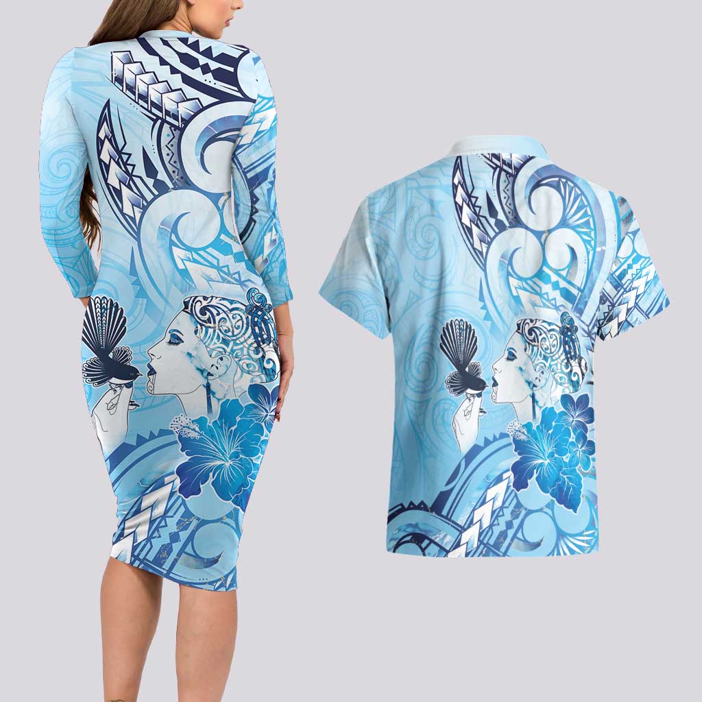 Aotearoa Maori Wahine Couples Matching Long Sleeve Bodycon Dress and Hawaiian Shirt Fantail Bird Blue Gold Marble