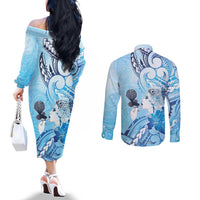 Aotearoa Maori Wahine Couples Matching Off The Shoulder Long Sleeve Dress and Long Sleeve Button Shirt Fantail Bird Blue Gold Marble