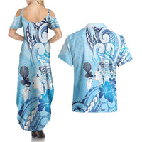 Aotearoa Maori Wahine Couples Matching Summer Maxi Dress and Hawaiian Shirt Fantail Bird Blue Gold Marble