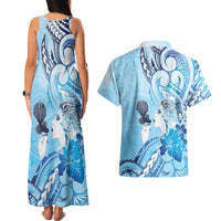 Aotearoa Maori Wahine Couples Matching Tank Maxi Dress and Hawaiian Shirt Fantail Bird Blue Gold Marble