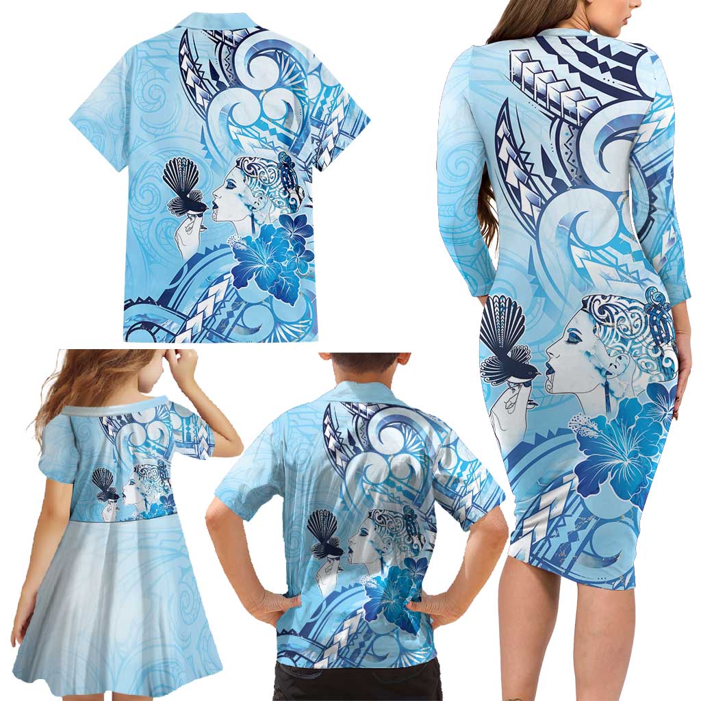 Aotearoa Maori Wahine Family Matching Long Sleeve Bodycon Dress and Hawaiian Shirt Fantail Bird Blue Gold Marble