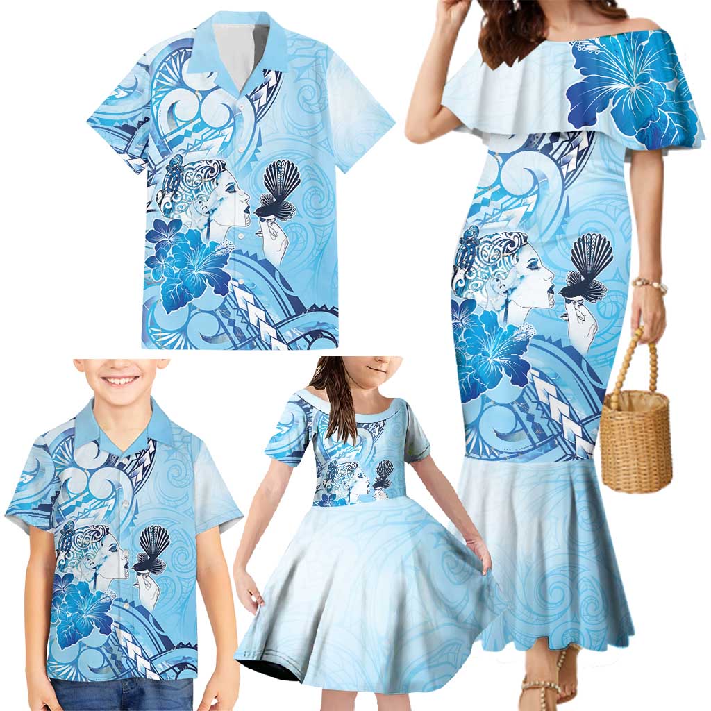 Aotearoa Maori Wahine Family Matching Mermaid Dress and Hawaiian Shirt Fantail Bird Blue Gold Marble