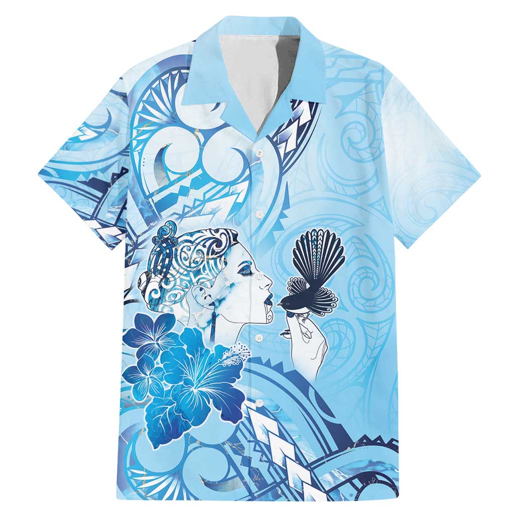 Aotearoa Maori Wahine Family Matching Mermaid Dress and Hawaiian Shirt Fantail Bird Blue Gold Marble