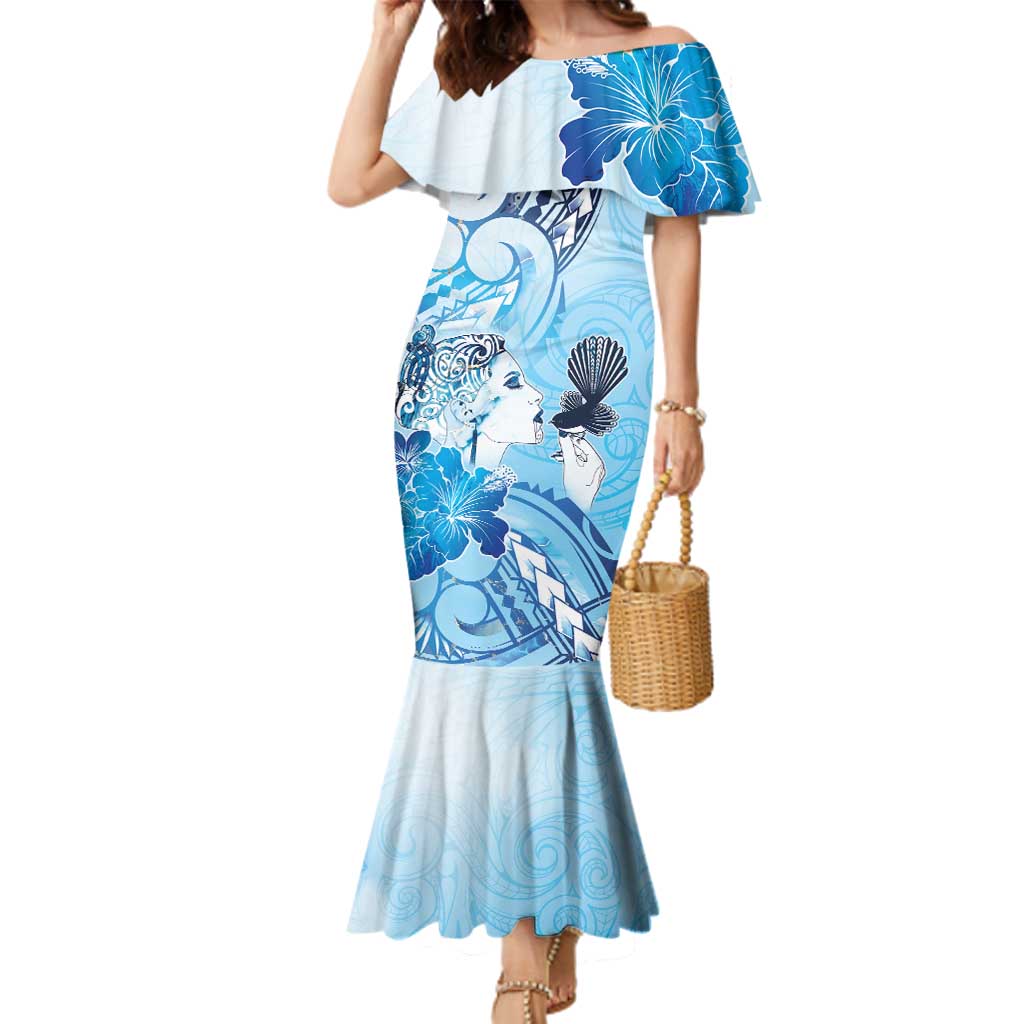 Aotearoa Maori Wahine Family Matching Mermaid Dress and Hawaiian Shirt Fantail Bird Blue Gold Marble